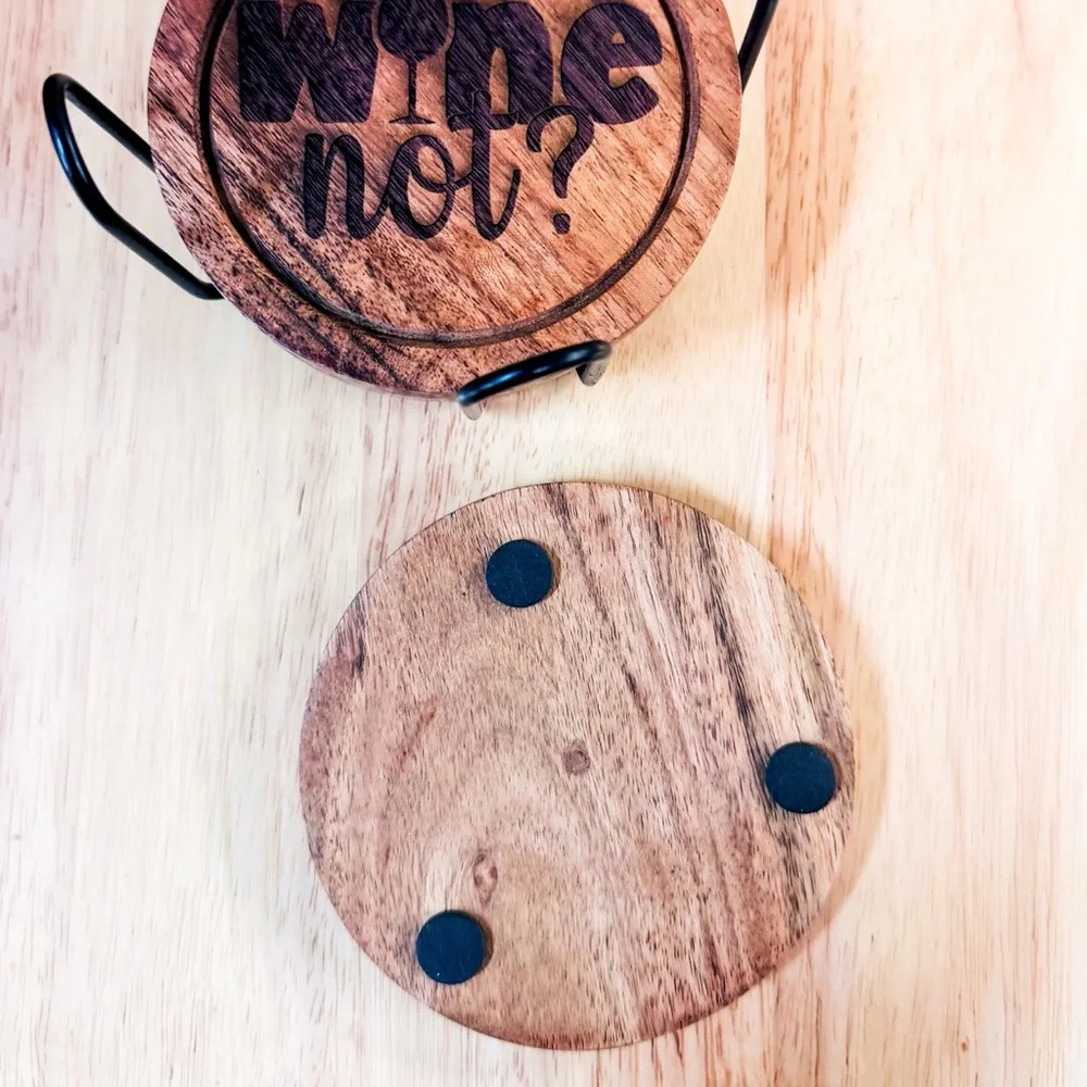 Rustic Wooden Coaster Set – Funny Wine Quotes Engraved with Holder
